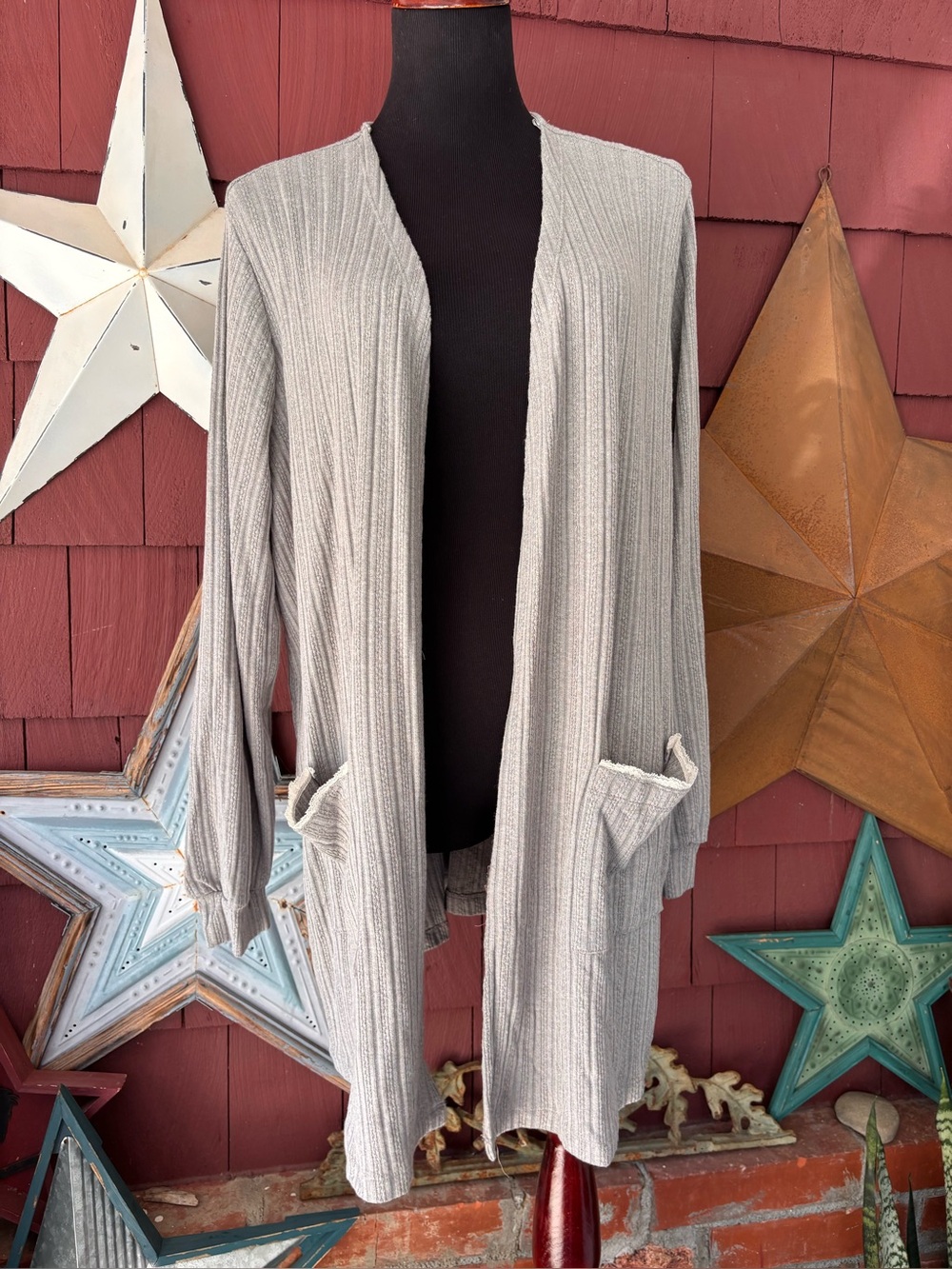 Perch by Blu Pepper Gray Open Front Cardigan Lace Trim Pockets Loungewear 3XL